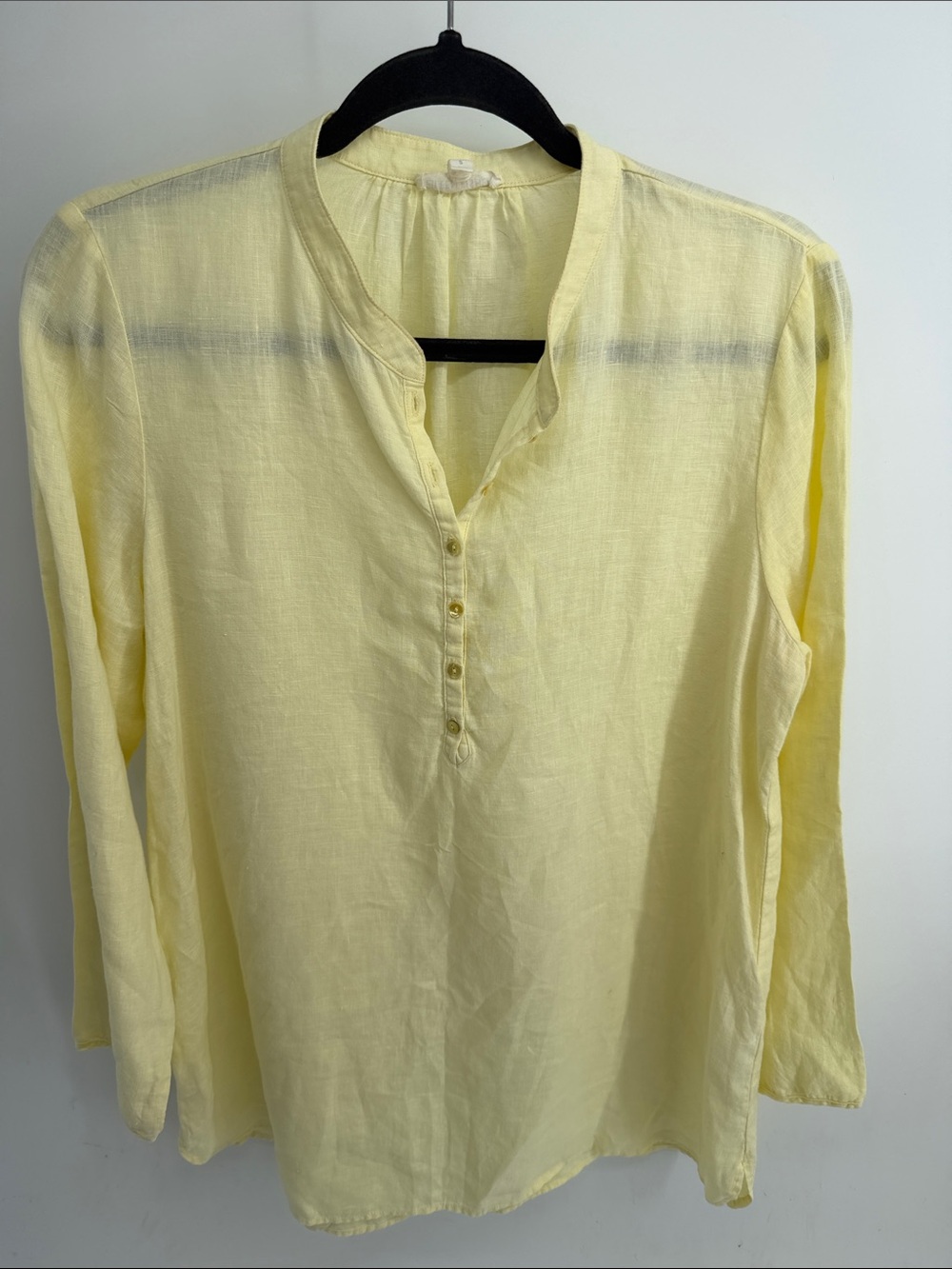 Eileen Fisher 100% linen lagenlook yellow 1/4 button up long sleeve tunic top S